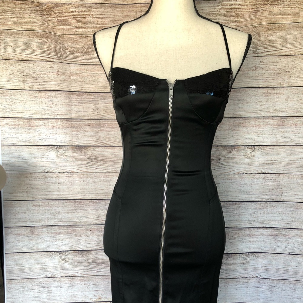 Black satin w/sequin body con dress.